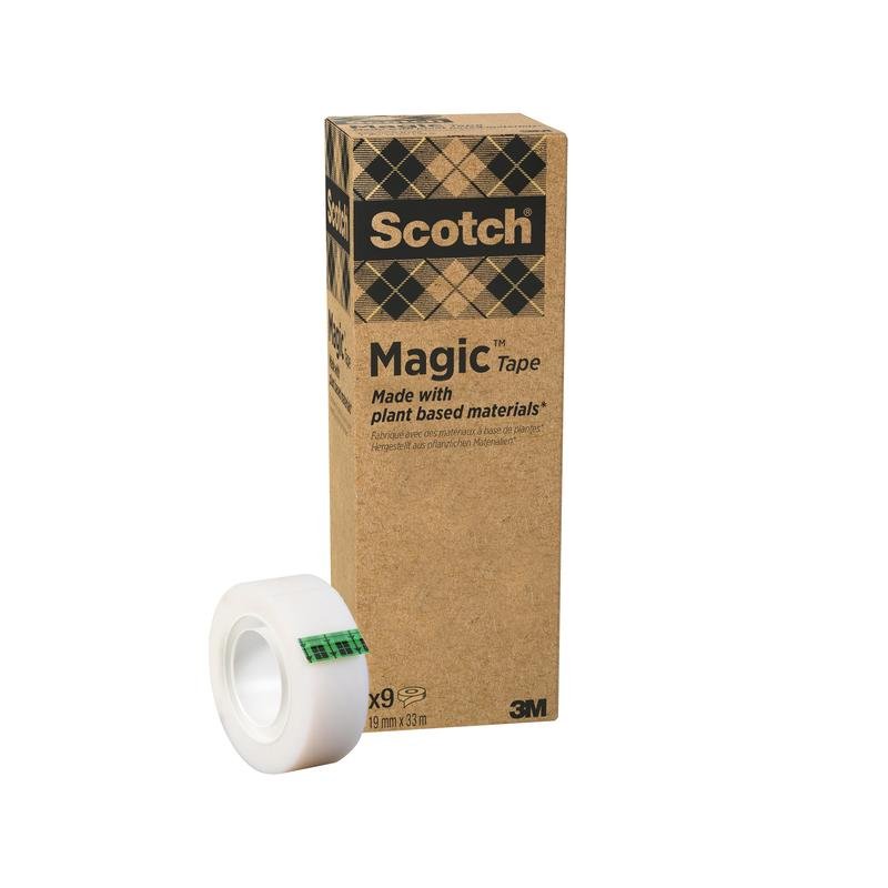 Egy tekercs Scotch® Magic™ ragasztószalag a 3M Deutschland GmbH-tól (19 mm x 33 m, 9 tekercs/csomag), amely 66% növényi alapú ragasztóval készült, megbízható irodai szükséglet.