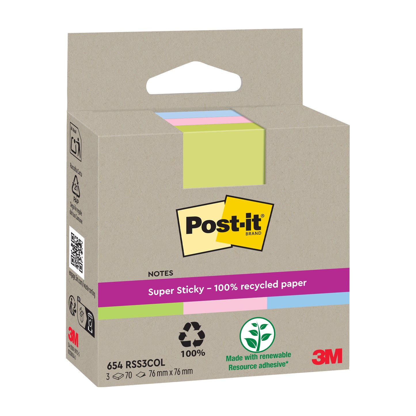 Egy csomag Post-it® Super Sticky 100% újrahasznosított jegyzettömb a 3M Deutschland GmbH-tól, mérete 76 mm x 76 mm, három színt és újrahasznosítási szimbólumokat tartalmaz. Minden csomag 70 lapot tartalmaz blokkban, amelyek mindegyike PEFC tanúsítvánnyal rendelkező újrahasznosított papírból készült.