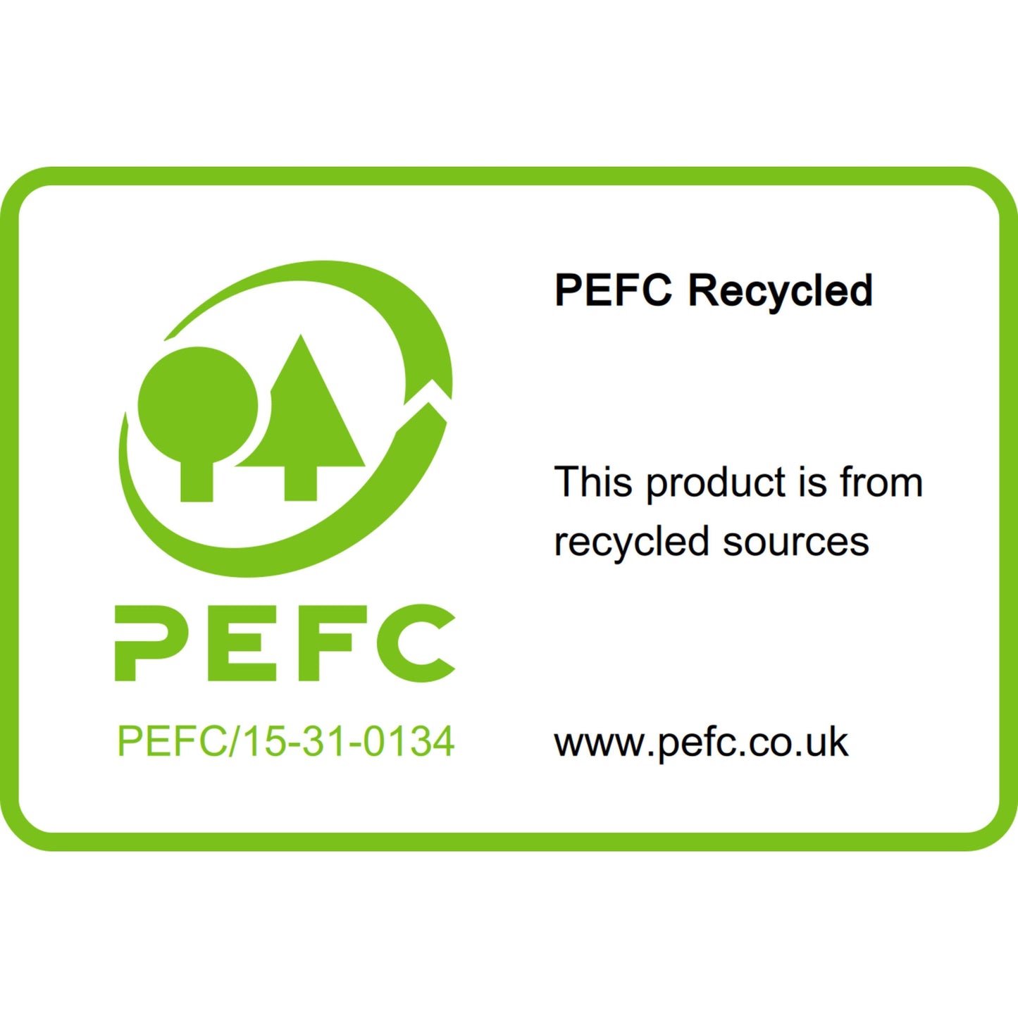 Egy PEFC Recycled-címke a Post-it® Recycling Z-Notes-on, sárga (76x76mm, 100 lap/blokk, 6 blokk) a 3M Deutschland GmbH-tól azt mutatja, hogy újrahasznosított forrásokból készültek. Egy zöld fa-logót, SGSCH-PEFC-COC-110078, és egy weboldal linket mutat.