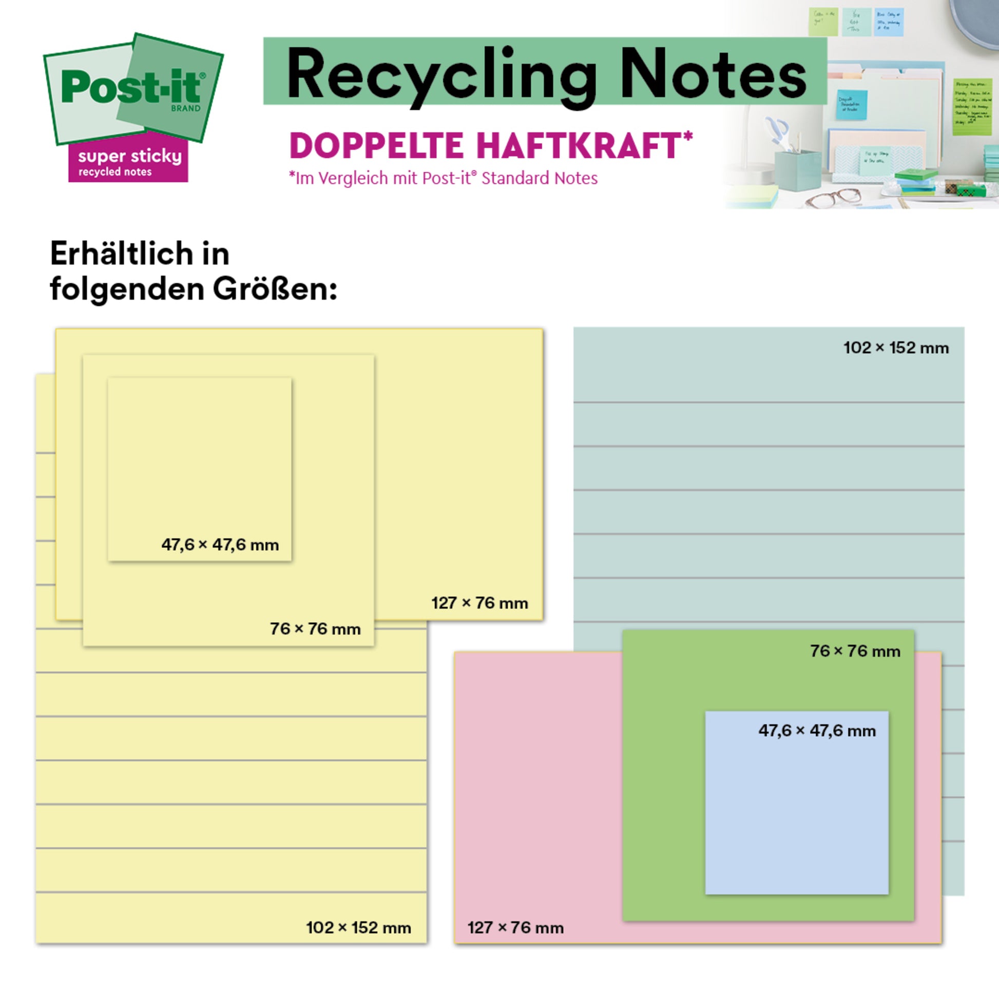 Eine Tabelle zeigt fünf Größen von Post-it® Super Sticky 100% Recycling Notes, Gelb, Liniert (102 mm x 152 mm, 45 Blatt/Block, 4 Blöcke/Packung), mit deutschen Etiketten und einem kleinen Büro-Wandfoto. Marke: 3M Deutschland GmbH.