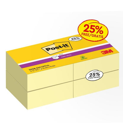 Egy csomag Post-it® Super Sticky Notes kocka, sárga, 76 mm x 76 mm a 3M Deutschland GmbH-tól, amely "25% Free/Gratis" matricával van ellátva, és több világossárga öntapadós jegyzetet tartalmaz.