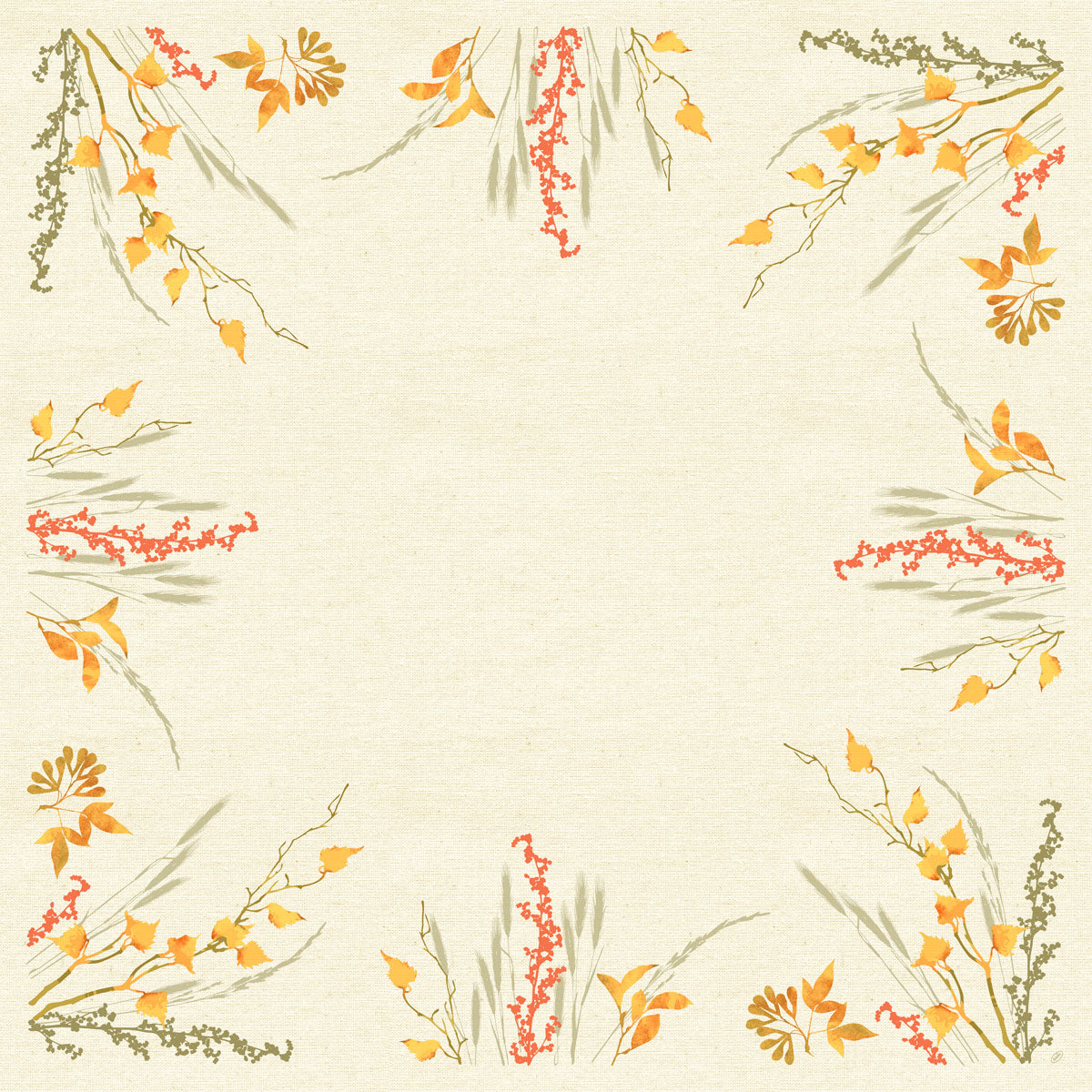 Die Dunisilk+Mitteldeckeecke 84x84cm Fall Beauty der Duni GmbH hat einen beigen, quadratischen Rahmen mit orangefarbenen, gelben und roten Blumenmustern an jeder Ecke. Ein 20er-Pack - perfekt, um herbstliche Themen hervorzuheben und die Mitte für Inhalte offen zu lassen.