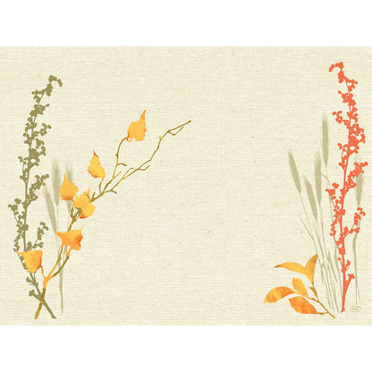 Egy bézs, texturált háttér egyszerű botanikai művészettel - sárga és zöld szárak balra, piros szárak jobbra - hagyja üresen a közepét. Ideális motívum a Duni GmbH 30x40-es Dunicel-készleteihez.