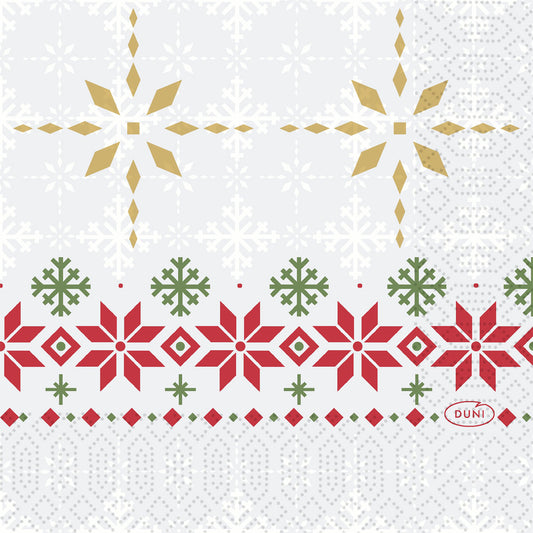 Die Duni GmbH Servietten 24x24 3lagig Tradition zeigen goldene und weiße Schneeflocken auf hellem Grund, umrandet von roten und grünen geometrischen Akzenten, mit dem Duni-Logo unten rechts. Packung: 50 Stück.