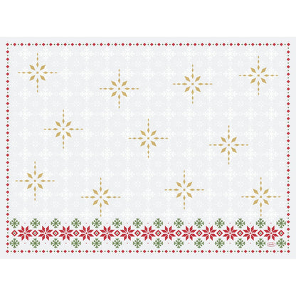 A Duni GmbH 30x40-es Dunicel-készletei téglalap alakúak, fehérek, arany és szürke hópelyhekkel, valamint piros és zöld virágszegéllyel az alsó részén.