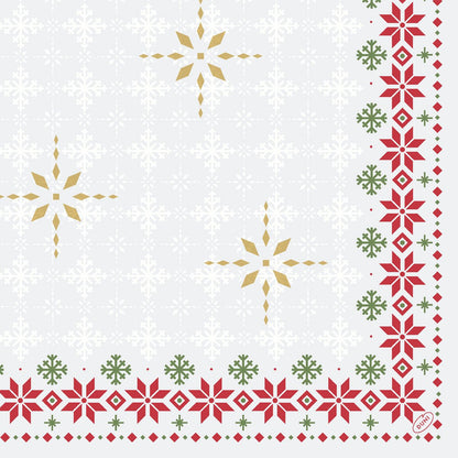 Arany és fehér hópelyhek és geometriai formák díszítik a világos hátteret, piros és zöld karácsonyi csillagok keretezik. Környezetbarát Duni GmbH 40x40 cm-es Dunisoft szalvétákból készült. Egy kis kör alakú logó jelenik meg a sarokban.