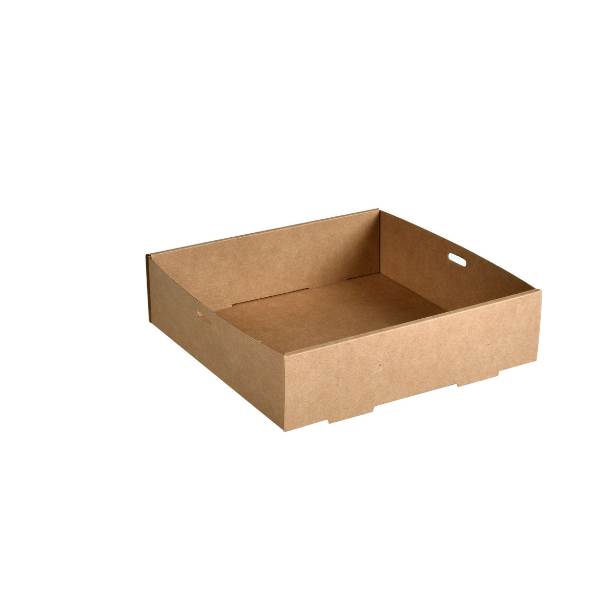 A Duni GmbH Catering-Tray Cardboard/PLA barna színben (225x225mm, kicsi) egy téglalap alakú, biológiailag lebomló és környezetbarát tálca alacsony peremmel és fogantyú kivágással, papírból készült; 100 darabos csomag fehér háttérrel.