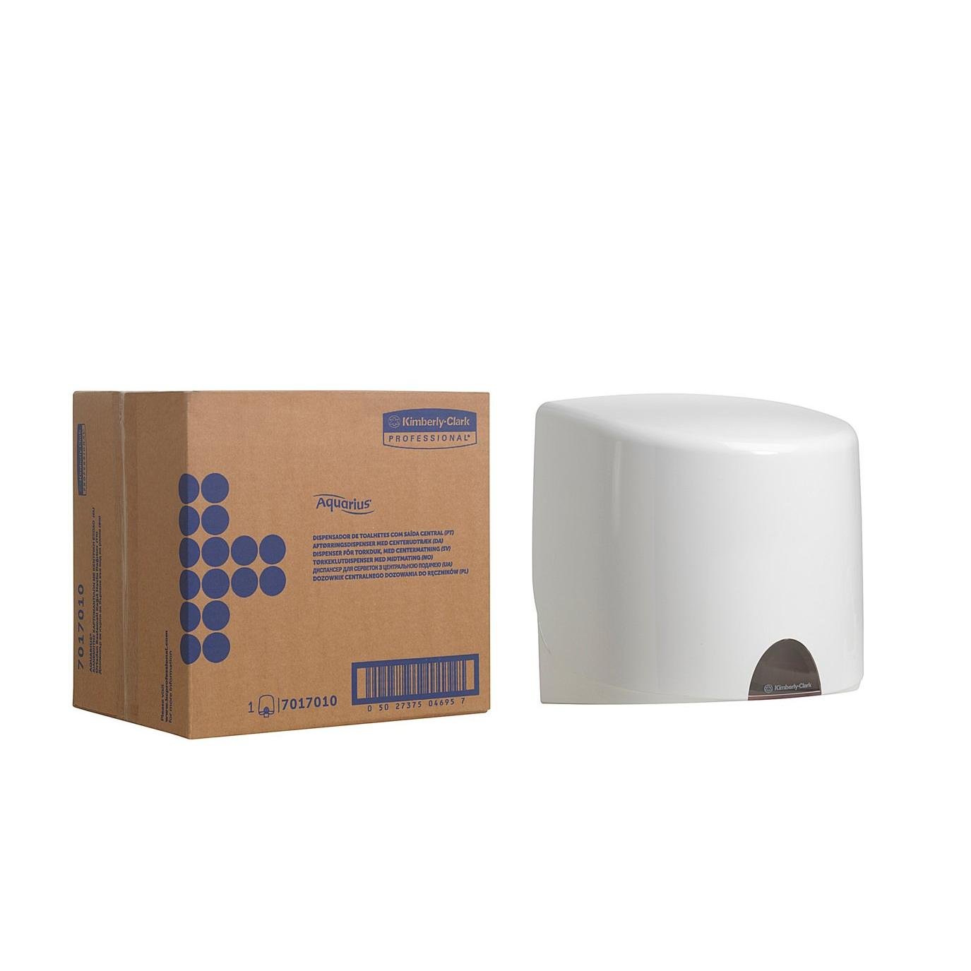 Egy doboz "Kimberly-Clark GmbH" felirattal egy fehér Aquarius™ törlőkendő-adagoló mellett áll - központi adagolás, ideális a higiénikus kendőkivételhez, egyszerű fehér háttér előtt.