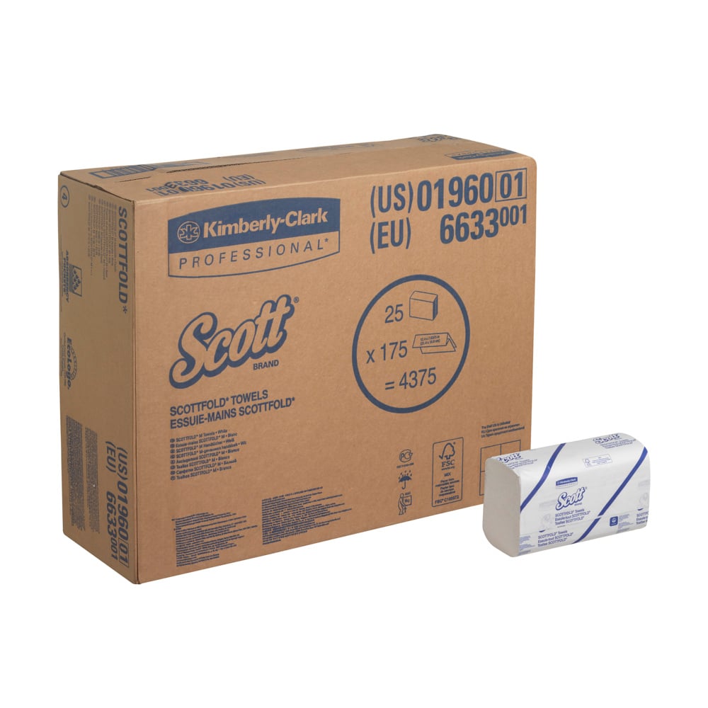 Egy nagy fehér doboz a "Scott® SCOTTFOLD* kéztörlő" felirattal a Kimberly-Clark GmbH-tól 25 klipszet x 175 lapot (25 csomag) tartalmaz, hajtogatott kéztörlők higiénikus kézszárításhoz, amelyeken a termékrészletek jól láthatóak.