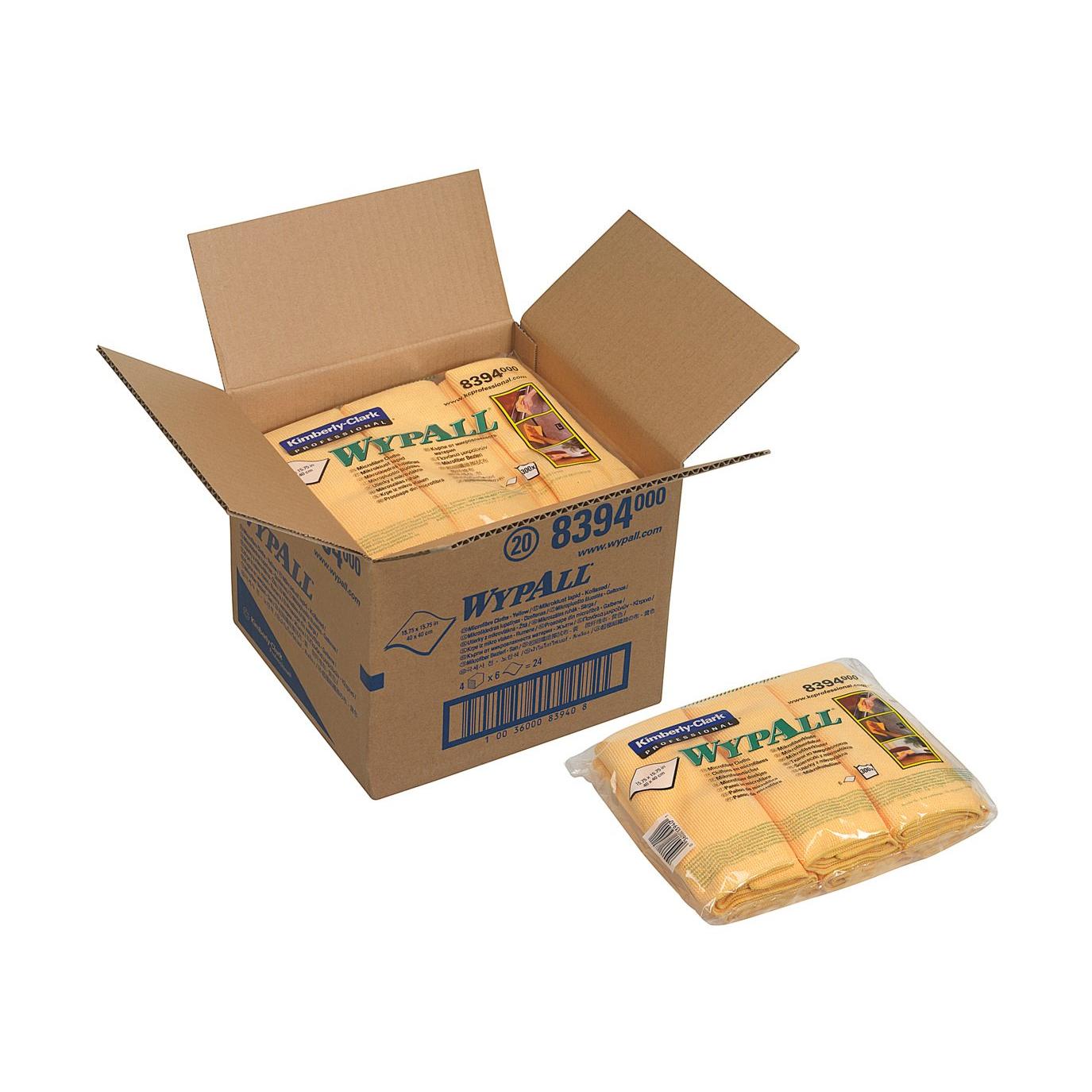 Egy nyitott karton a "WypAll" felirattal több csomagot tartalmaz WypAll® mikroszálas kendőkkel - lapos kendő (40 x 40 cm) a Kimberly-Clark GmbH-tól. Egy csomag kívül van, és jól látható a csomagolása és márkajelzése.