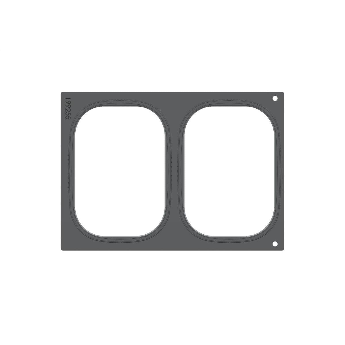 Egy téglalap alakú szürke keret a Duni GmbH-tól, DF 10/DF20 kazetta Brick Medium (2 felhasználású) számára, két kerek kivágással egymás mellett, a bal szélén függőlegesen nyomtatott "19255" felirattal és két kis kör alakú lyukkal a jobb oldalon.