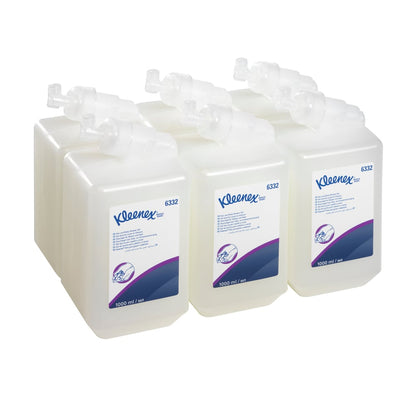 Hat 1L-es Kleenex® haj- és testápoló sampon kazetta a Kimberly-Clark GmbH-tól két háromsoros elrendezésben fehér alapon - ideális gyengéd tisztításhoz és ápoláshoz bármilyen környezetben.