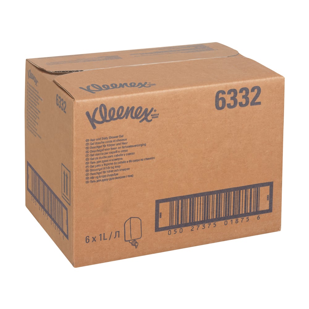 Egy fehér karton "Kleenex® haj- és testápoló sampon" felirattal (termék 6332) a Kimberly-Clark GmbH-tól 6 x 1L-es kazettát tartalmaz a gyengéd ápoláshoz és hatékony tisztításhoz, több vonalkóddal és nyomtatott termék részletekkel.