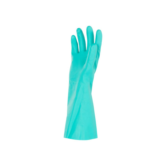 Ein tealfarbener KleenGuard® G80 Chemikalienschutzhandschuh der Kimberly-Clark GmbH steht aufrecht vor einem weißen Hintergrund und hebt die strukturierten Finger und die Handfläche hervor, die einen besseren Halt bei der Reinigung oder im Haushalt bieten.