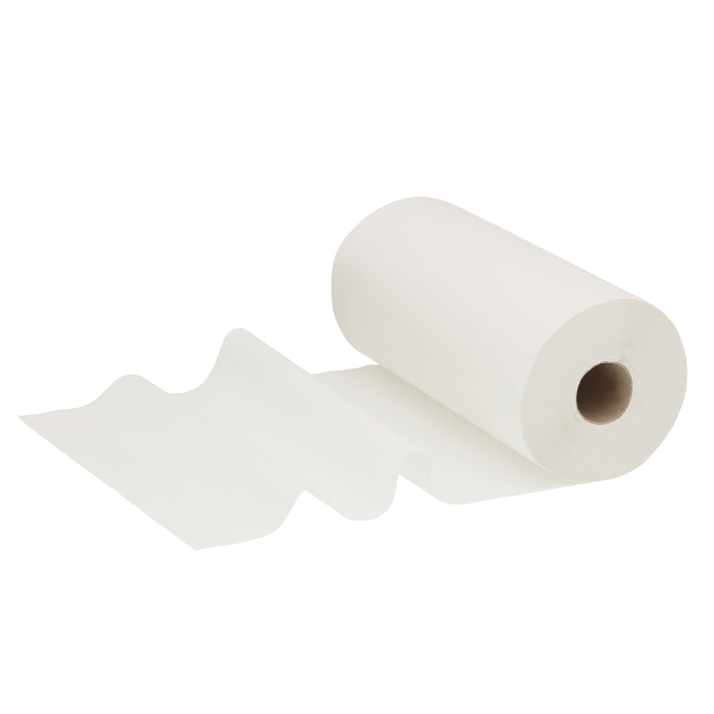 Egy WypAll® L10 papírtörlő élelmiszerhez és higiéniához a Kimberly-Clark GmbH-tól, 1 rétegű (46,00 cm x 24,00 cm), részben kitekert fehér háttér előtt - a sima törlőkendő látható maggal a legmagasabb higiéniai normákat képviseli.