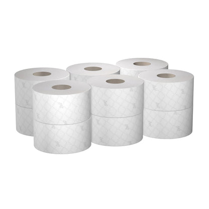 Zwölf Rollen Scott® ESSENTIAL™ Toilettenpapier von Kimberly-Clark GmbH mit je 474 Blatt sind für hygienische Waschräume sauber verpackt - ideal für alle, die zuverlässiges Toilettenpapier mit hohem Fassungsvermögen suchen.