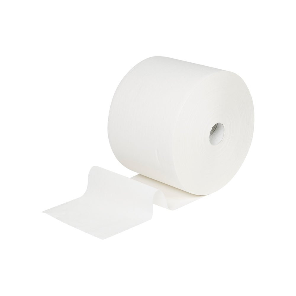 Egy WypAll® L10 papírtörlő felületekhez a Kimberly-Clark GmbH-tól, nagy tekercs (38,00 cm x 23,50 cm), látható kartonmaggal fehér háttéren - ideális felülettisztításhoz.