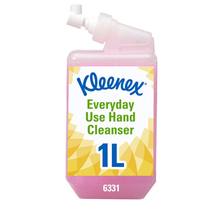 Egy rózsaszín 1 literes kazetta a Kleenex® Normál Mosdókrémből a Kimberly-Clark GmbH-tól (6 darab dobozonként) a "6331" felirattal és sárga geometriai díszítésekkel - ideális utántöltő patron a napi kézmosáshoz.