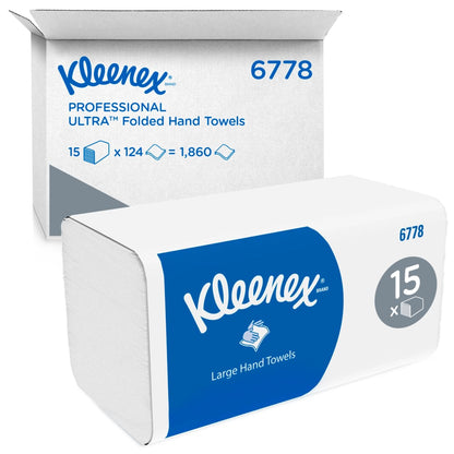 Egy Kleenex® hajtogatott papírtörlő fehér/nagy csomag a Kimberly-Clark GmbH-tól egy márkás szállítódoboz előtt áll, mindkettő 15 klip x 124 lap dobozonként (15 csomag), összesen 1.860 törlő.