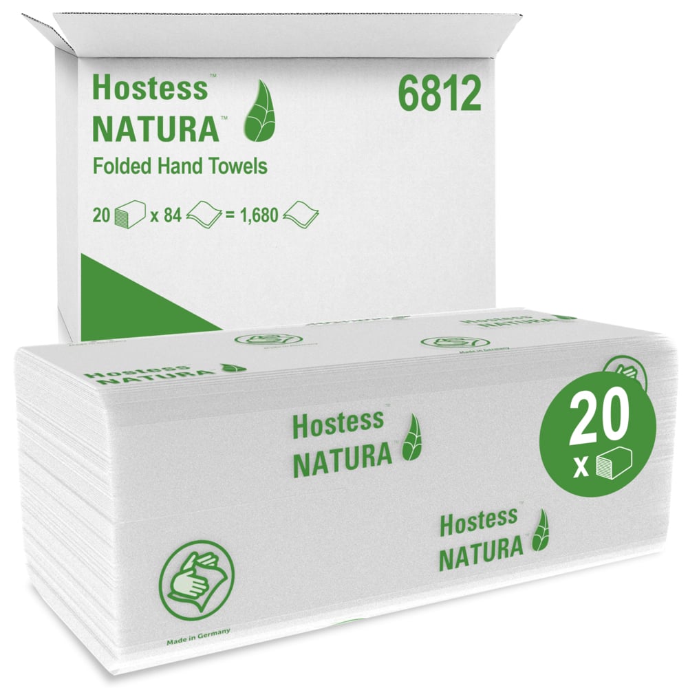 Egy doboz Kimberly-Clark GmbH Hostess™ NATURA™ kéztörlő 20 csomag 84 hajtogatott fehér kéztörlőt tartalmaz (összesen 1.680) zöld nyomtatott csomagolásban - ideális papírtörlő nyilvános vagy üzleti használatra.