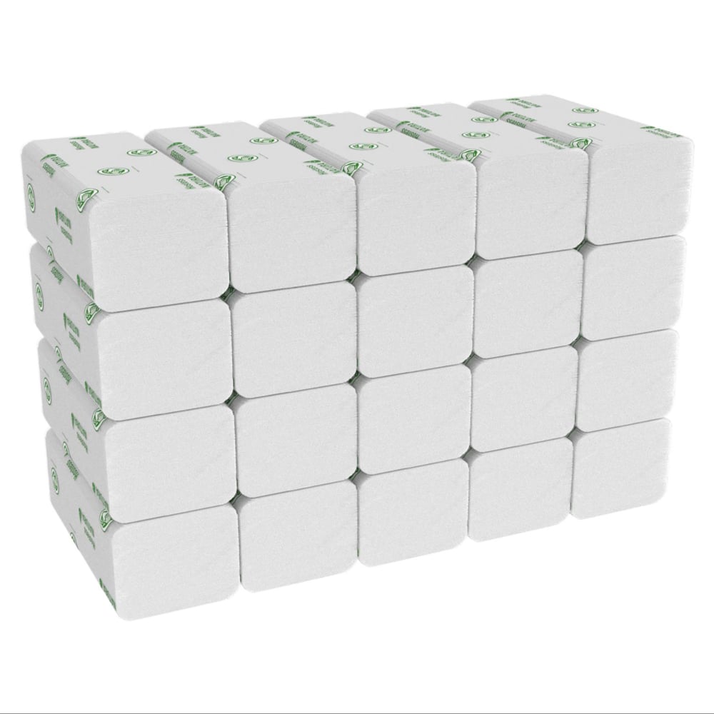 Egy doboz Kimberly-Clark GmbH Hostess™ NATURA™ kéztörlő - 20 csomag nagy, hajtogatott fehér kéztörlő (mindegyik 84 lap), ideális nyilvános mosdók számára, amelyek papírtörlőkkel vagy hasonló termékekkel vannak ellátva.