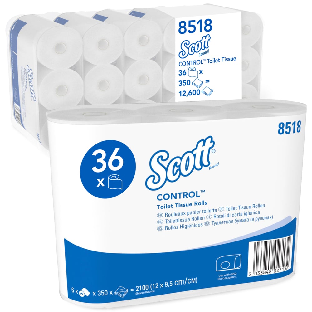 Egy csomag Kimberly-Clark GmbH Scott® Control™ WC-papír 6 csomagot tartalmaz, mindegyik 6 fehér tekercset, 350 lapos; a csomagolás kiemeli a higiéniát és bemutatja a termék részleteit.