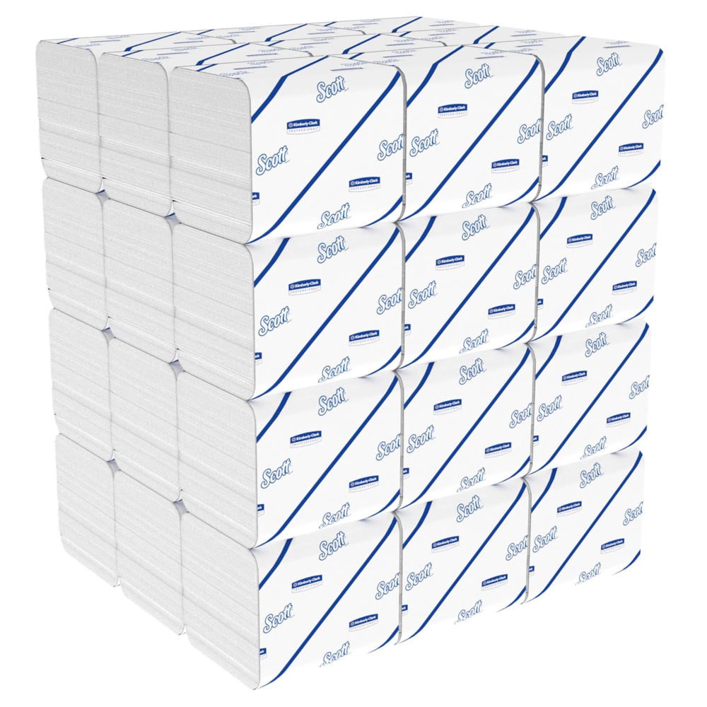 Egy nagy kocka alakú Scott® Control™ WC-papír halom (36 csomag x 250 lap, fehér) a Kimberly-Clark GmbH-tól, amely rendezetten van elhelyezve és mutatja a fehér csomagolást és a kék feliratot minden egyes csomagoláson.