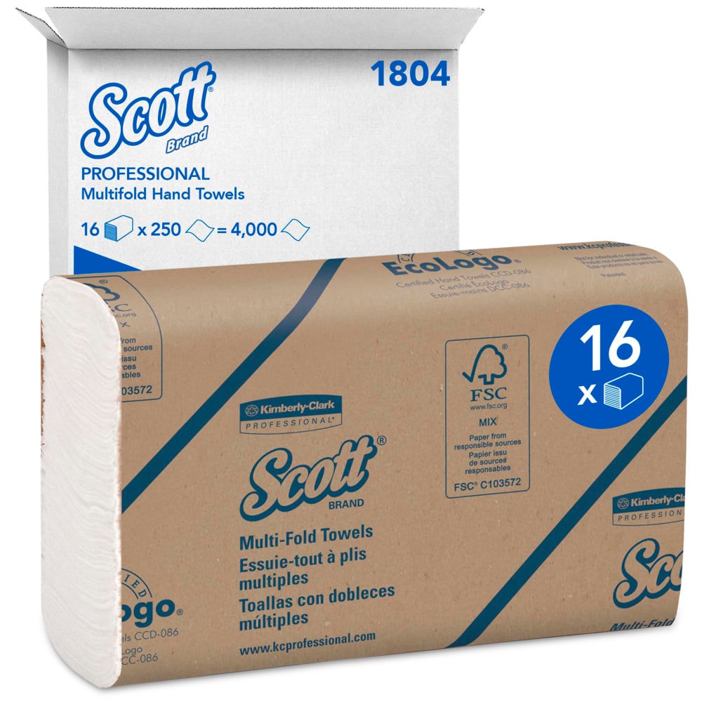 Ein weißer Versandkarton mit der Aufschrift "Scott® Handtücher - MultiFold / Weiß" der Kimberly-Clark GmbH enthält 16 Packungen mit je 250 Blatt (insgesamt 4.000 Handtücher) und bietet hygienisches Händetrocknen im praktischen Multipack.