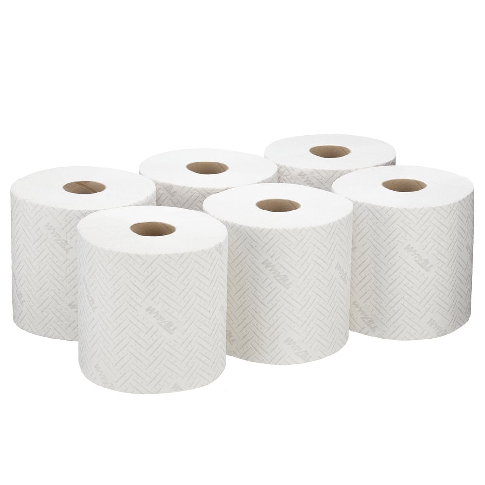Hat WypAll® L20 papírtörlő tekercs karbantartási munkákhoz a Kimberly-Clark GmbH-tól (fehér, 6 x 400 lap) áttekinthetően két hármas sorban van elrendezve, és egy diszkrét halszálkamintát mutat fehér háttéren.