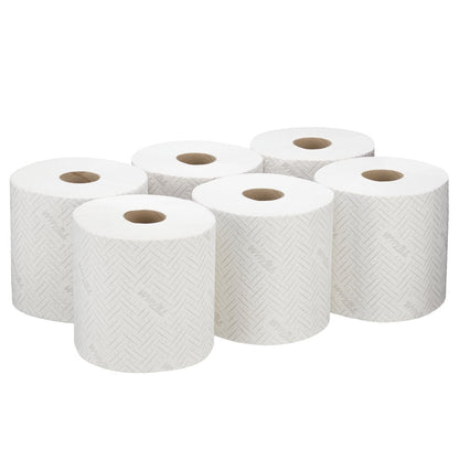 Hat WypAll® L20 papírtörlő tekercs karbantartási munkákhoz a Kimberly-Clark GmbH-tól (fehér, 6 x 400 lap) áttekinthetően két hármas sorban van elrendezve, és egy diszkrét halszálkamintát mutat fehér háttéren.