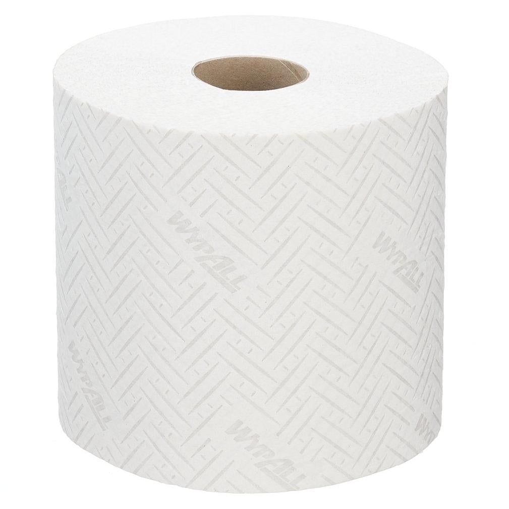 A WypAll® L20 papírtörlő karbantartási munkákhoz a Kimberly-Clark GmbH-tól, fehér dombornyomott tekercs központi adagolóval, 6 tekercset kínál, mindegyik 400 lappal - ideális tisztítási megoldásokhoz és karbantartási munkákhoz.