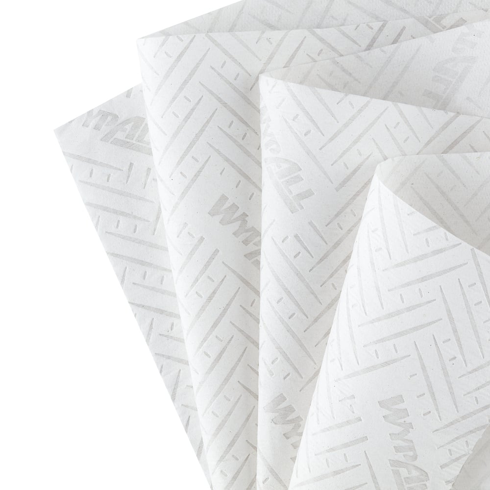 Hat fehér WypAll® L20 papírtörlő tekercs karbantartási munkákhoz a Kimberly-Clark GmbH-tól, mindegyik 400 lappal és diszkrét átlós mintával - ideális tisztítási és karbantartási munkákhoz. Központi adagolás.