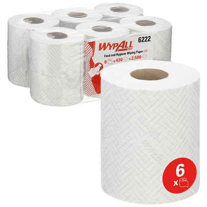 Abgebildet sind sechs Rollen WypAll® Reach™ Papierwischtuch für Lebensmittel & Hygiene - Zentralentnahme von Kimberly-Clark GmbH: vorne eine, hinten fünf verpackt. Jede Rolle enthält 430 Blatt, ideal für den Einsatz in der Hygiene und Lebensmittelverarbeitung.
