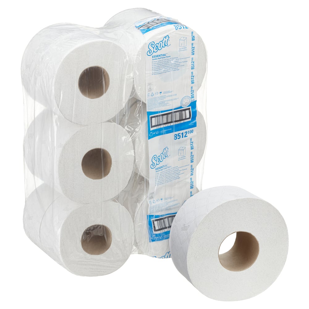Ein Karton mit 12 großen weißen Scott® Essential™ Jumbo Toilettenpapierrollen von Kimberly-Clark GmbH, jede Rolle mit 526 Blatt. Die blau-weiße Verpackung zeigt die Marke Scott und Produktangaben, wobei eine Rolle vorne abgebildet ist.