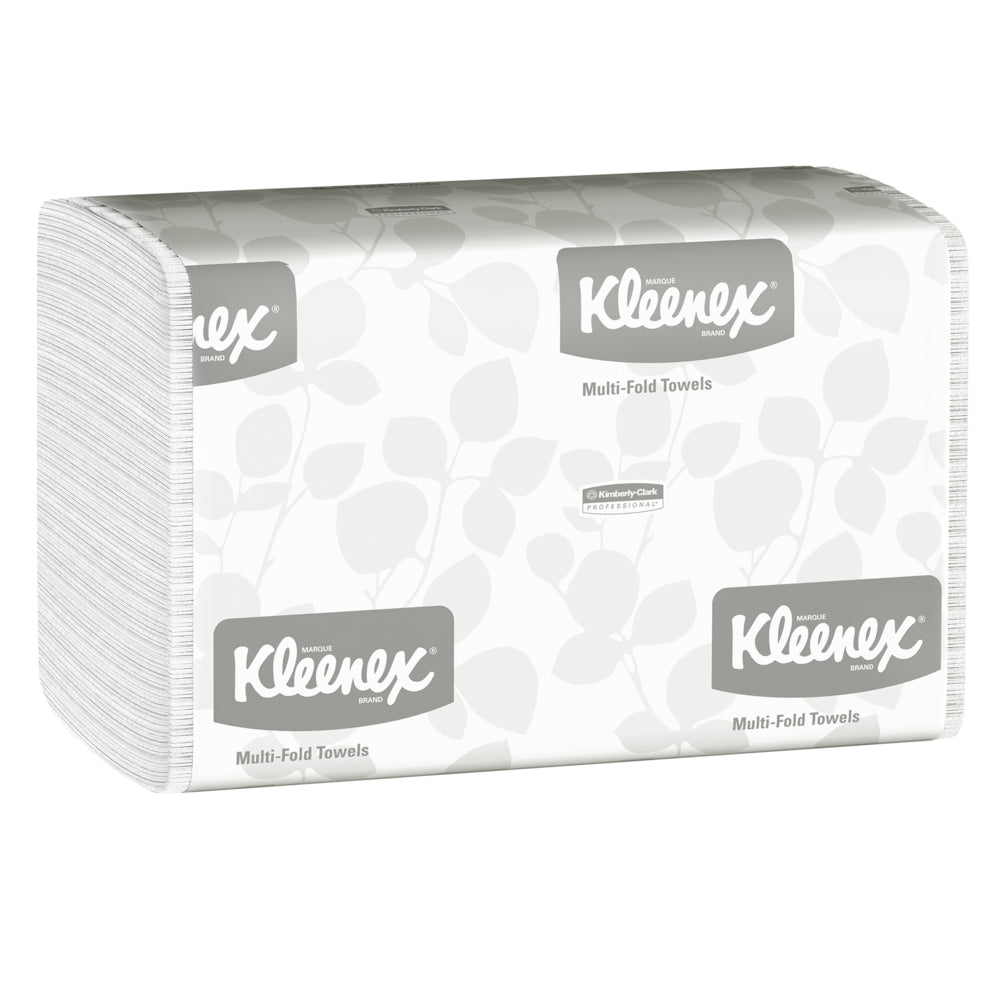 Egy köteg Kleenex® kéztörlő - MultiFold fehér színben, csomagolva a Kimberly-Clark GmbH által (16 csomag x 150 lap), levélmintás márkacsomagolással, "Multi-Fold Towels" felirattal - tökéletes mosdókhoz.