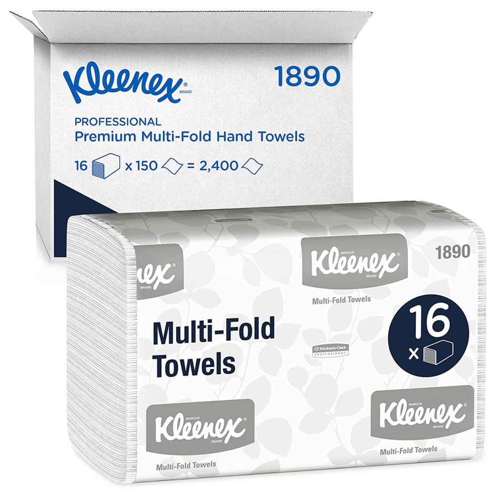 Kleenex® kéztörlők - MultiFold / Fehér / Közepes a Kimberly-Clark GmbH-tól: 16 csomag x 150 lap (2.400 törlő) kartonban, ideális mosdókhoz. Fehér csomagolás kék-szürke felirattal.