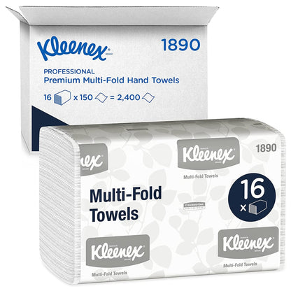 Kleenex® kéztörlők - MultiFold / Fehér / Közepes a Kimberly-Clark GmbH-tól: 16 csomag x 150 lap (2.400 törlő) kartonban, ideális mosdókhoz. Fehér csomagolás kék-szürke felirattal.