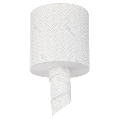 Egy fehér WypAll® L20 papírtörlő tekercs (Kimberly-Clark GmbH) karbantartási munkákhoz függőlegesen lóg; látható a texturált, enyhén márkázott felülete, és a laza vége lefelé gurul. Csomagolás: 6 tekercs x 400 lap, központi adagolás.
