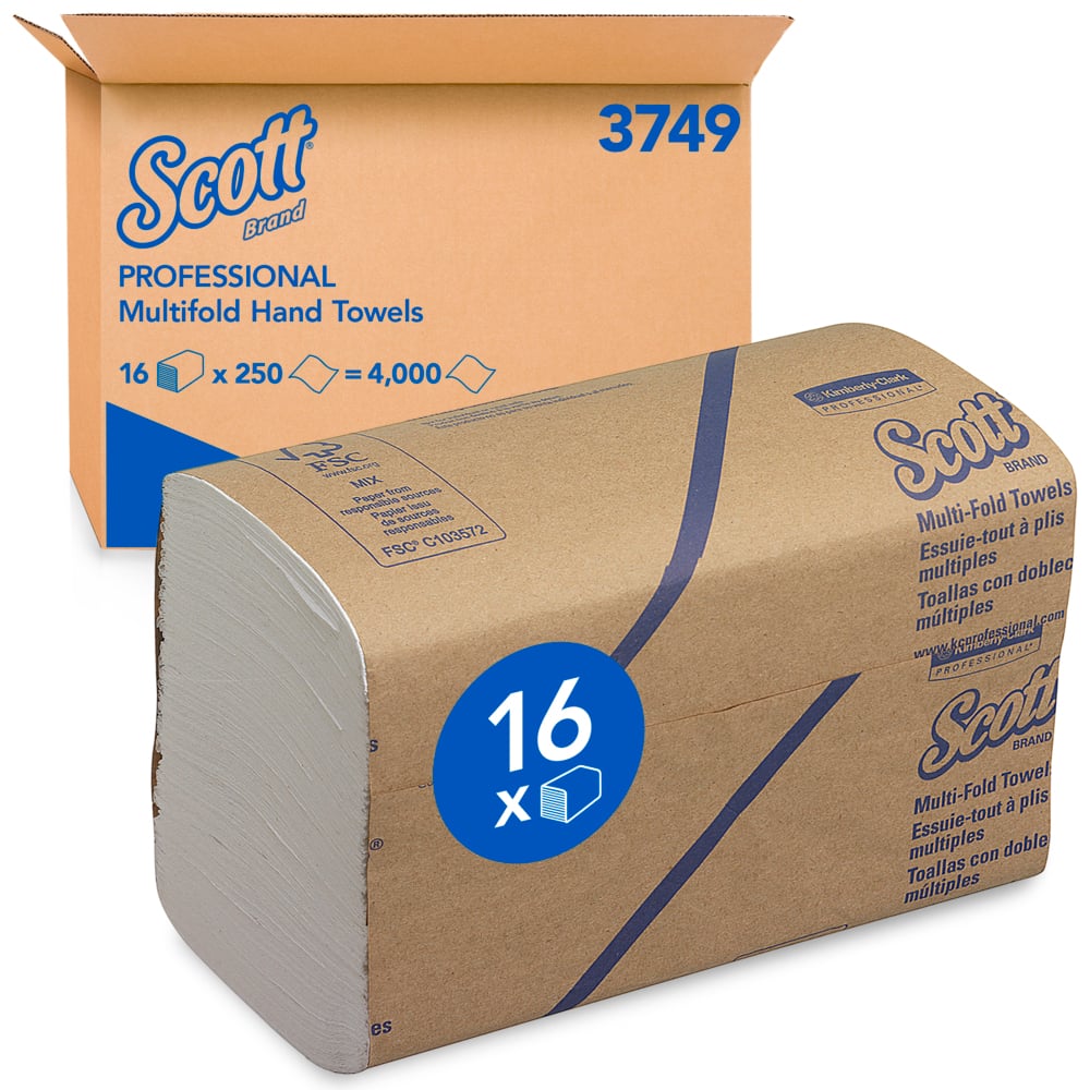 Egy csomag Scott® kéztörlő - MultiFold / Fehér a Kimberly-Clark GmbH-tól egy karton előtt látható, amelyen a márka, a termék neve és 16 csomag, egyenként 250 lap van feltüntetve.