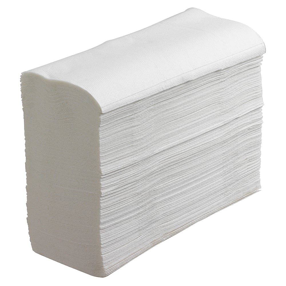 Egy halom Scott® kéztörlő, MultiFold/Fehér a Kimberly-Clark GmbH-tól (16 csomag x 250 lap), szépen összehajtva és függőlegesen elrendezve egy téglalap alakú blokkban, amely kiemeli a strukturált papírtörlőket álló helyzetben.