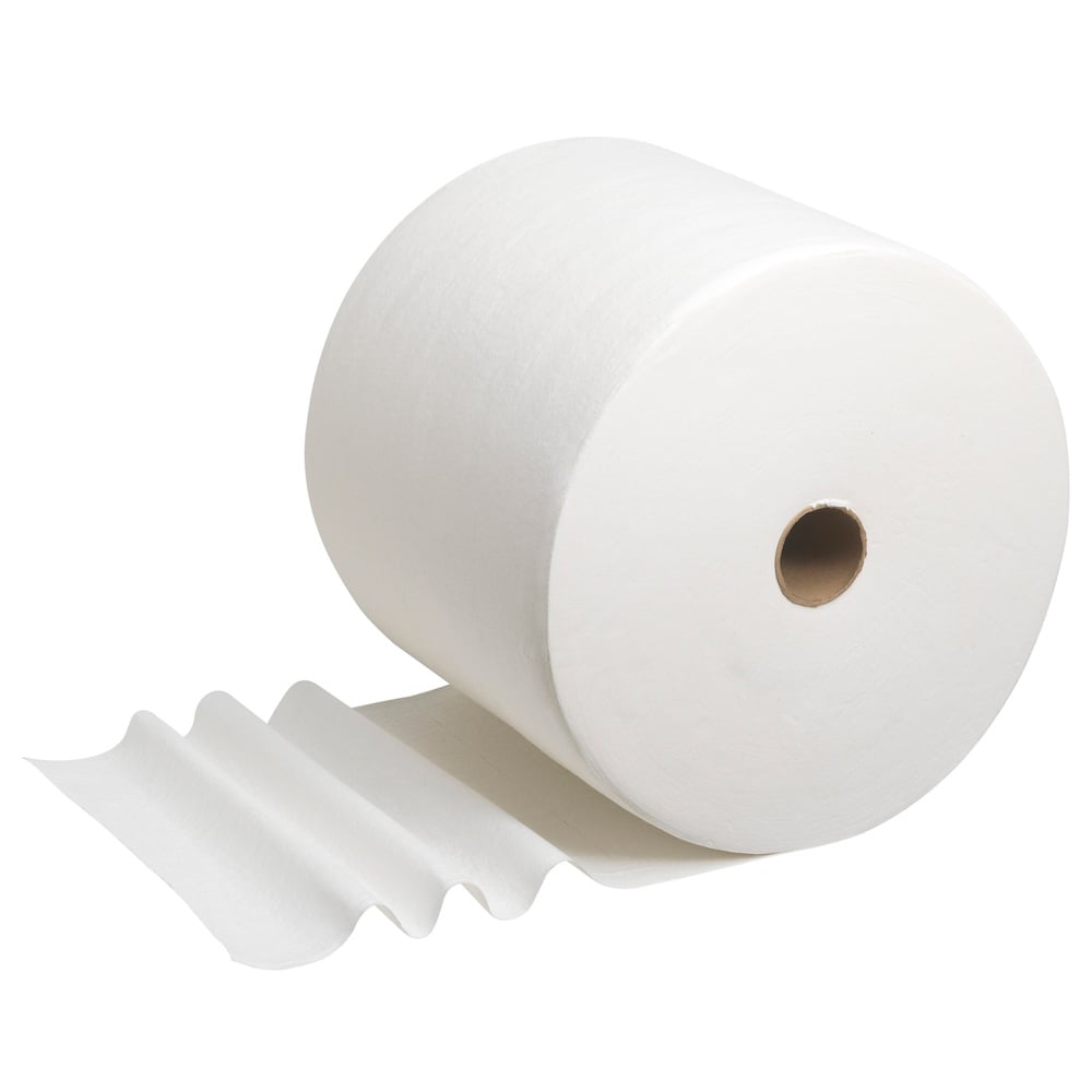Egy WypAll® L40 PowerClean nagytekercs (Kimberly-Clark GmbH) több kihajtott, nedvszívó törlőkendővel fehér háttér előtt fekszik. 1 tekercs 750 törlőkendőt tartalmaz kartononként.