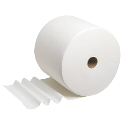 Egy WypAll® L40 PowerClean nagytekercs (Kimberly-Clark GmbH) több kihajtott, nedvszívó törlőkendővel fehér háttér előtt fekszik. 1 tekercs 750 törlőkendőt tartalmaz kartononként.