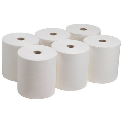 Hat nagy fehér Kleenex® Ultra™ kéztörlő a Kimberly-Clark GmbH-tól (6 tekercs) két hármas sorban van elrendezve egy egyszínű háttéren. Minden fel nem használt tekercs, amely ideális a higiénikus kézszárításhoz, központi papírhengerrel rendelkezik.