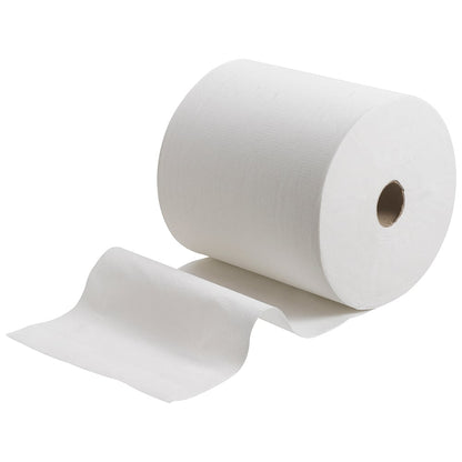 A Kleenex® Ultra™ kéztörlő - tekercs a Kimberly-Clark GmbH-tól, kiterített lapokkal fehér háttéren, higiénikus kézszárítást kínál. A csomag 6 fehér tekercset tartalmaz, ideális mosdókban való használatra.