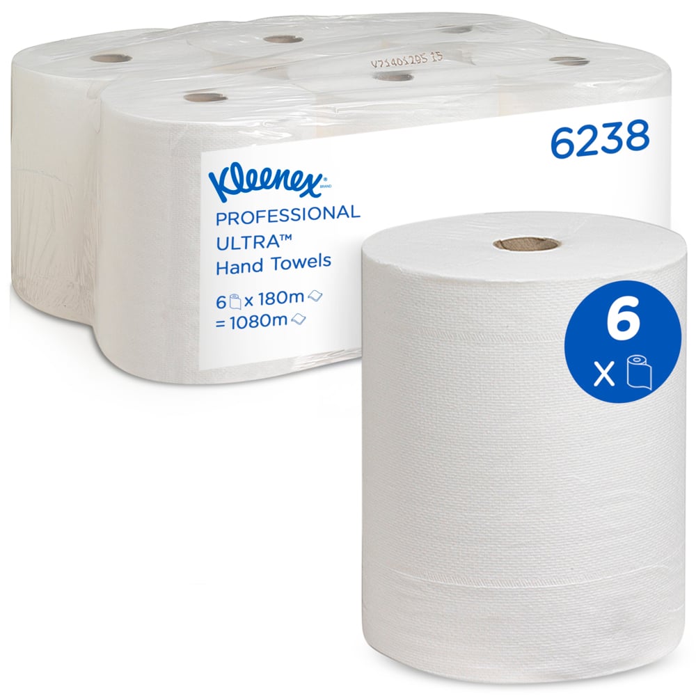 A képen egy hatos csomag Kleenex® Ultra™ kéztörlő tekercs látható a Kimberly-Clark GmbH-tól, elöl egy tekercsel. A címkén ez áll: 6 tekercs dobozonként, mindegyik 180 m hosszú - tökéletes a higiénikus kézszárításhoz - összesen 1080 m hosszú.