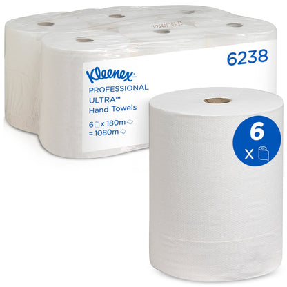 A képen egy hatos csomag Kleenex® Ultra™ kéztörlő tekercs látható a Kimberly-Clark GmbH-tól, elöl egy tekercsel. A címkén ez áll: 6 tekercs dobozonként, mindegyik 180 m hosszú - tökéletes a higiénikus kézszárításhoz - összesen 1080 m hosszú.