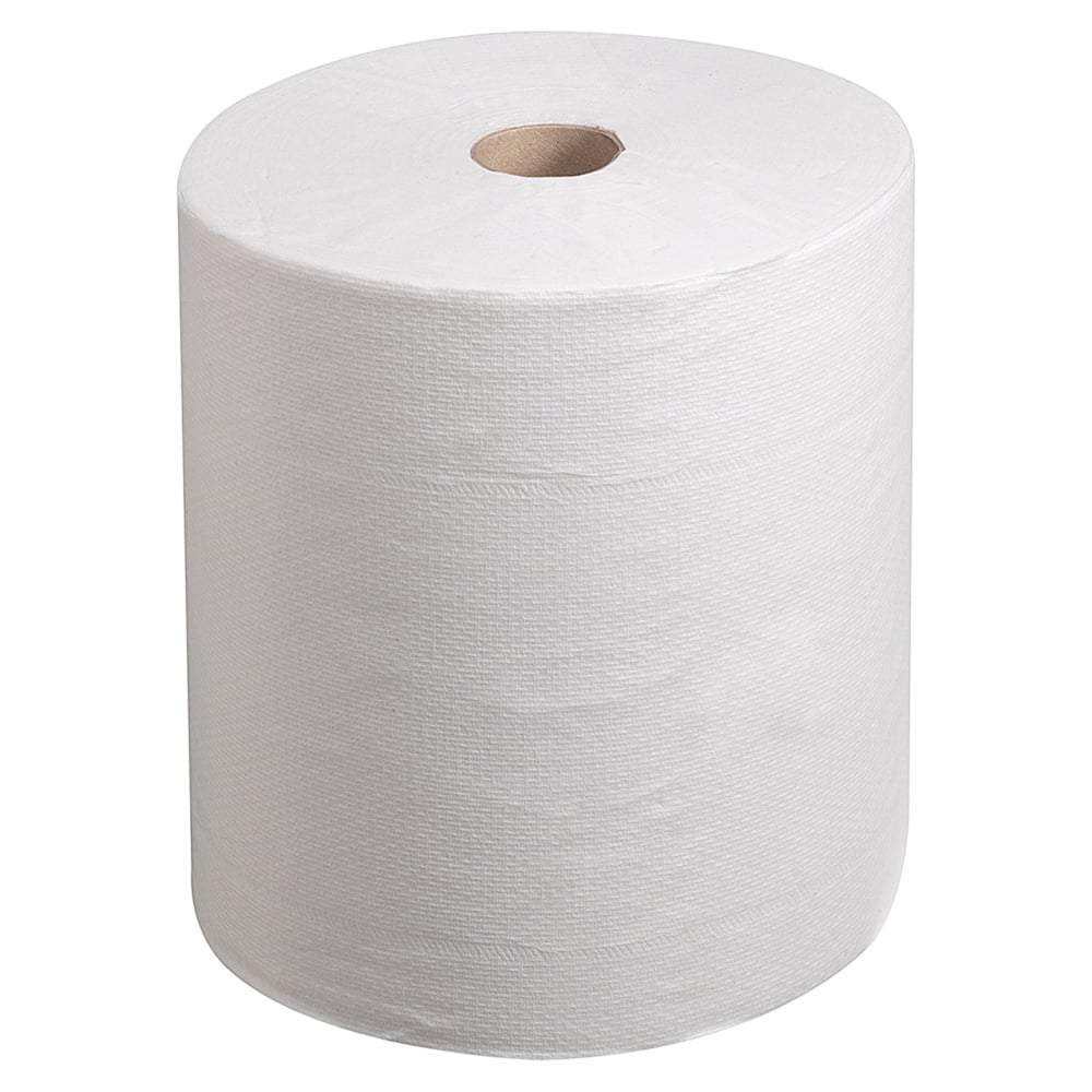 Egy fehér Kleenex® Ultra™ kéztörlő tekercs a Kimberly-Clark GmbH-tól, látható barna kartonmaggal, fehér háttér előtt áll. 6 tekercs dobozonként. Ideális a higiénikus kézszárításhoz.