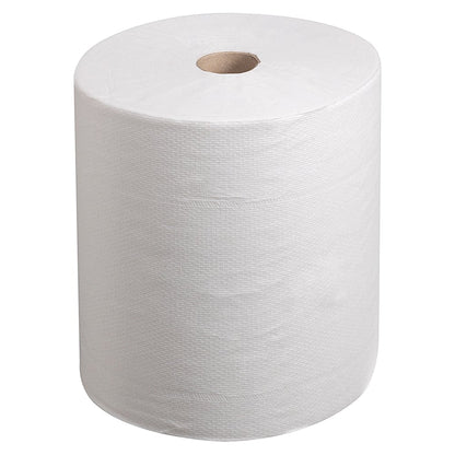 Egy fehér Kleenex® Ultra™ kéztörlő tekercs a Kimberly-Clark GmbH-tól, látható barna kartonmaggal, fehér háttér előtt áll. 6 tekercs dobozonként. Ideális a higiénikus kézszárításhoz.