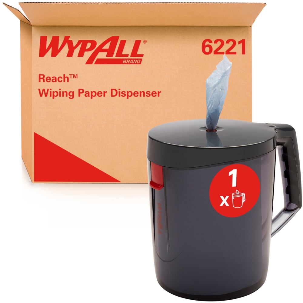Egy WypAll® Reach™ Centrefeed adagoló - fekete, a Kimberly-Clark GmbH-tól, fogantyúval és kiemelkedő kendővel, egy "6221" feliratú karton előtt áll, ideális professzionális használatra.