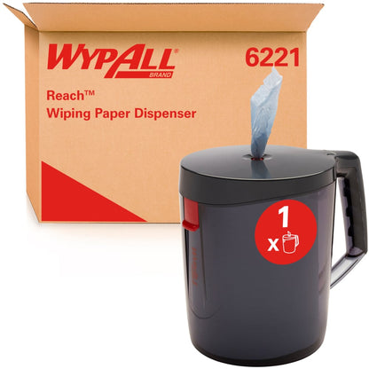 Egy WypAll® Reach™ Centrefeed adagoló - fekete, a Kimberly-Clark GmbH-tól, fogantyúval és kiemelkedő kendővel, egy "6221" feliratú karton előtt áll, ideális professzionális használatra.